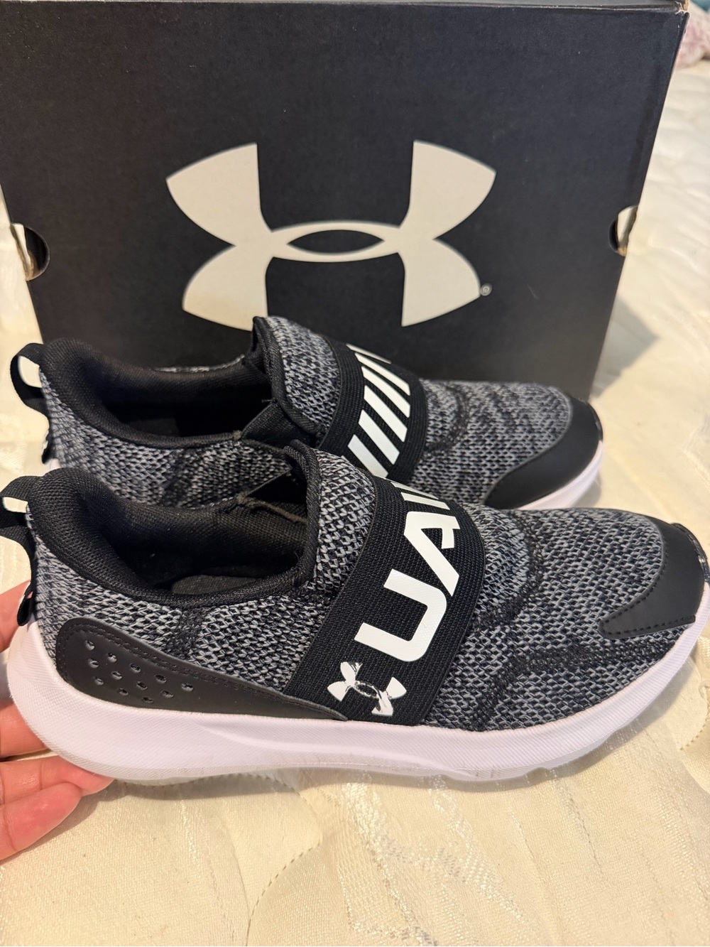 Under Armour Kids Black and Gray Slip-On Sneakers with White Soles